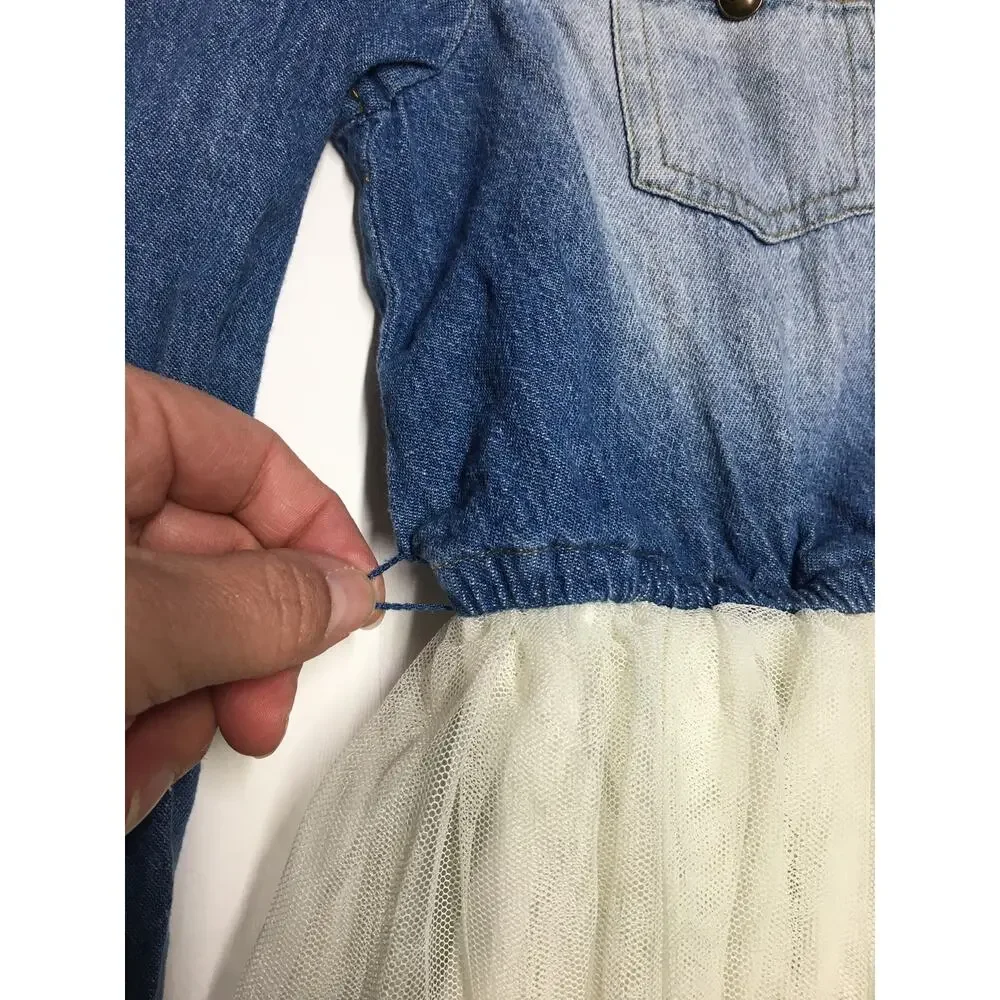 Lilt Jean Dress Button Up Tulle Ruffle Bottom Long Sleeve Girls M 7/8